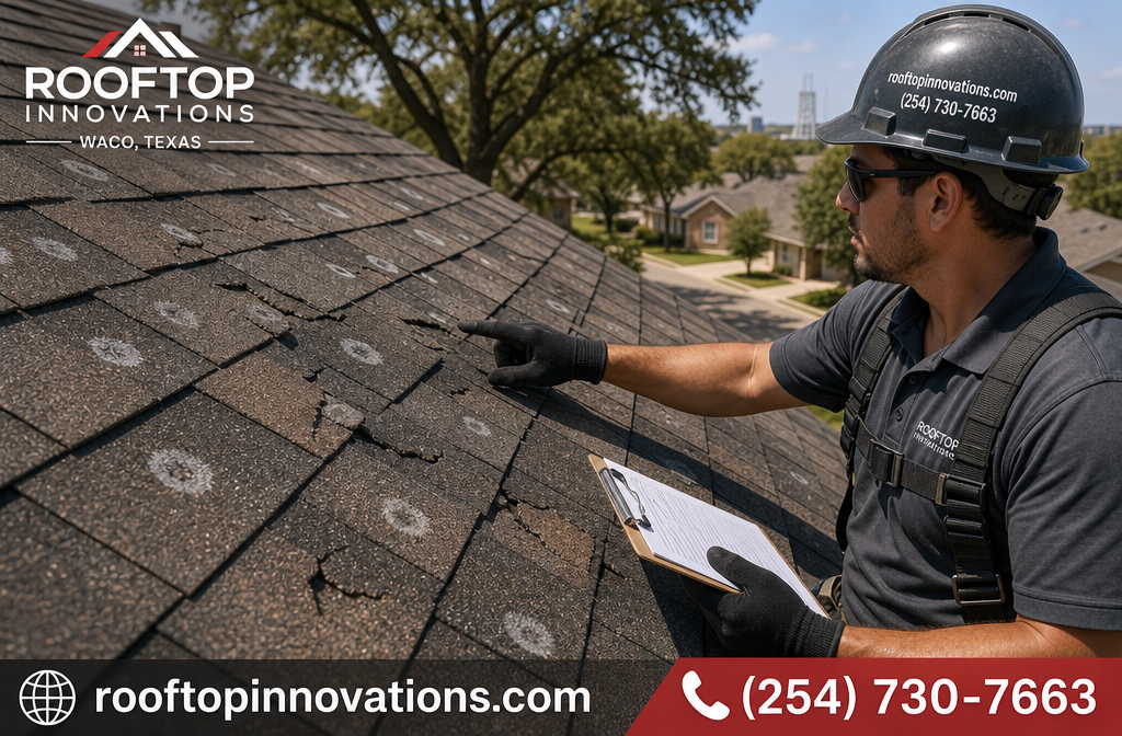 Detailed () showing a close-up side view of a residential roof in Waco Texas with visible hail damage including dented