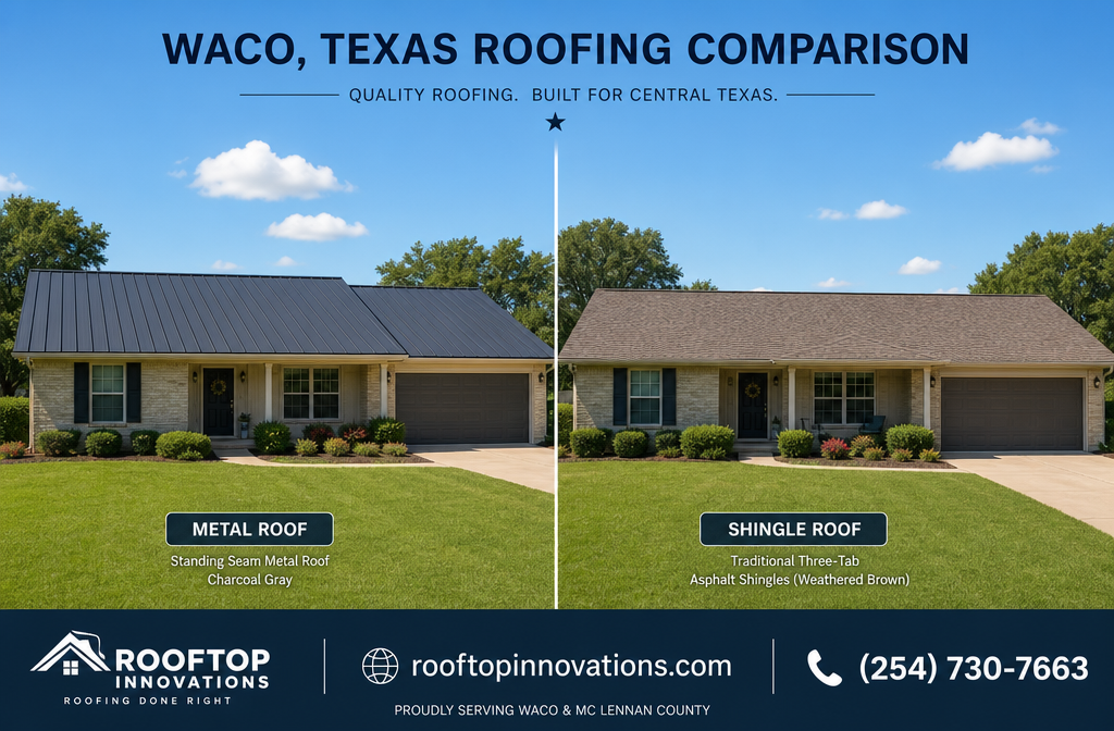 Detailed () showing a split-screen comparison of two Waco Texas homes side by side, one with a standing seam metal roof in