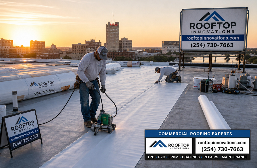 Detailed () showing a commercial flat roof repair in progress on a Waco Texas business building, two roofing crew members