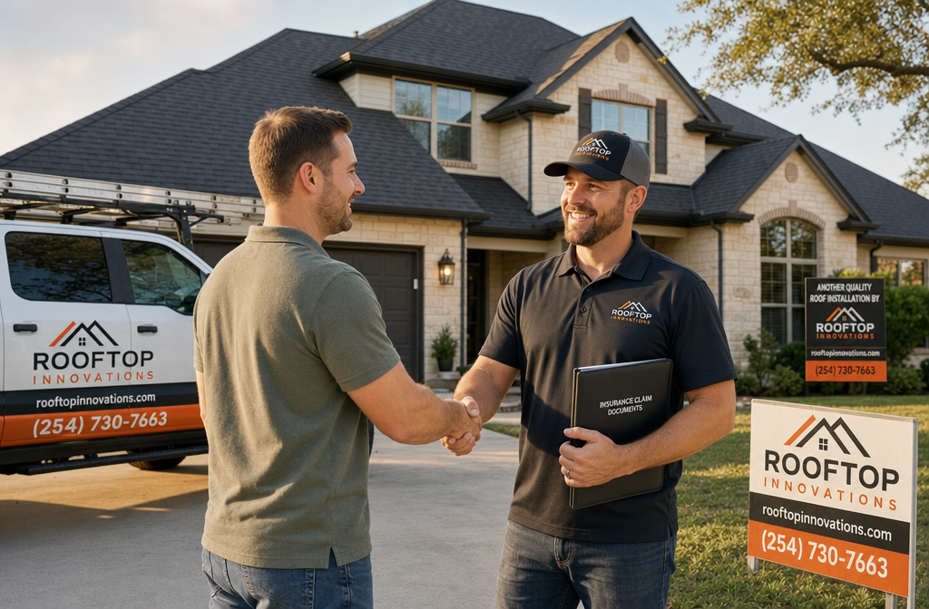 Detailed () showing a homeowner and roofing contractor shaking hands in front of a newly completed roof replacement on a