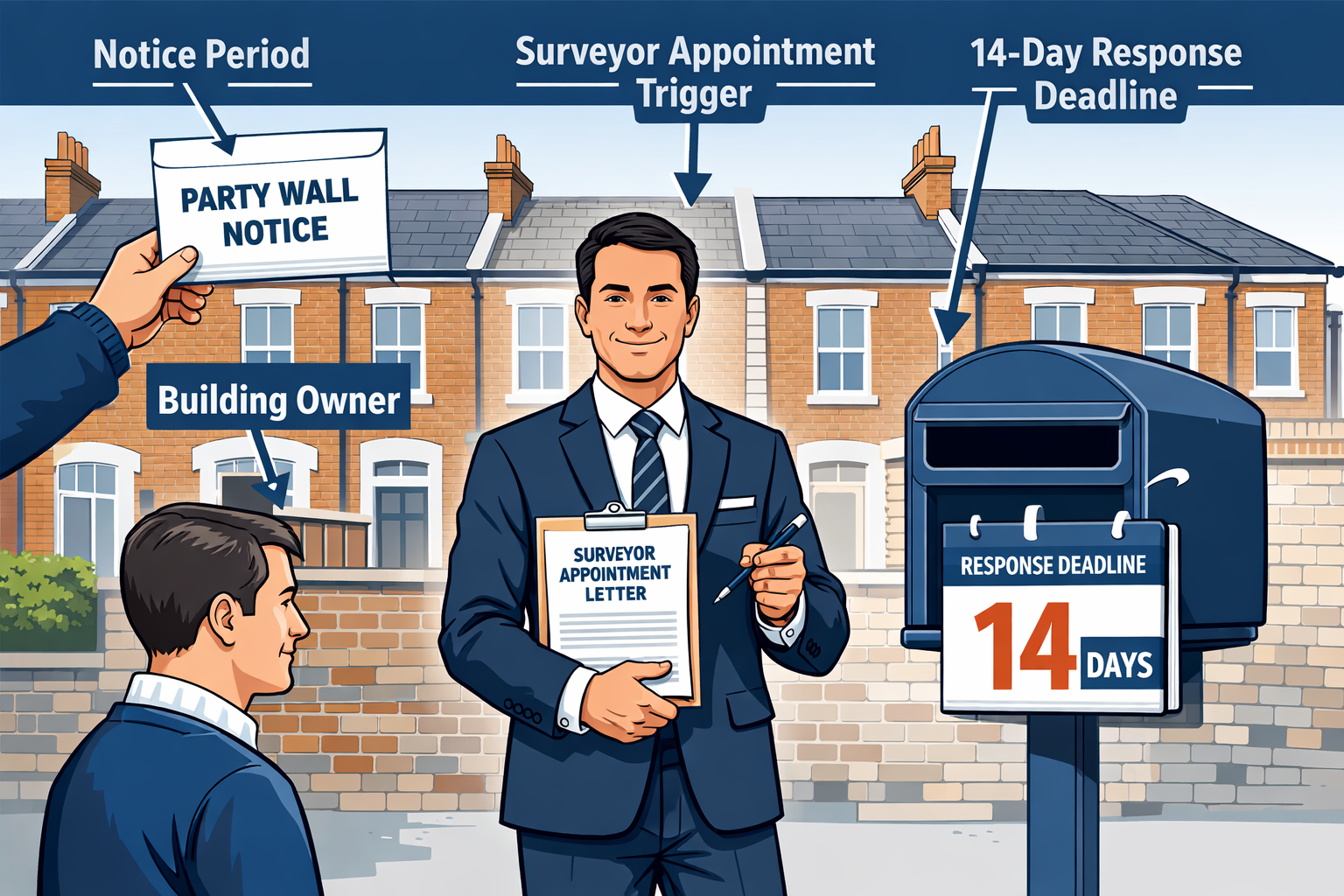() detailed illustration showing a formal party wall notice document being served between two adjoining properties in a
