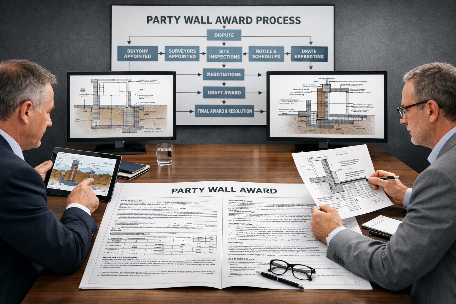 () professional scene depicting three-way party wall award meeting in modern office conference room. Center shows large