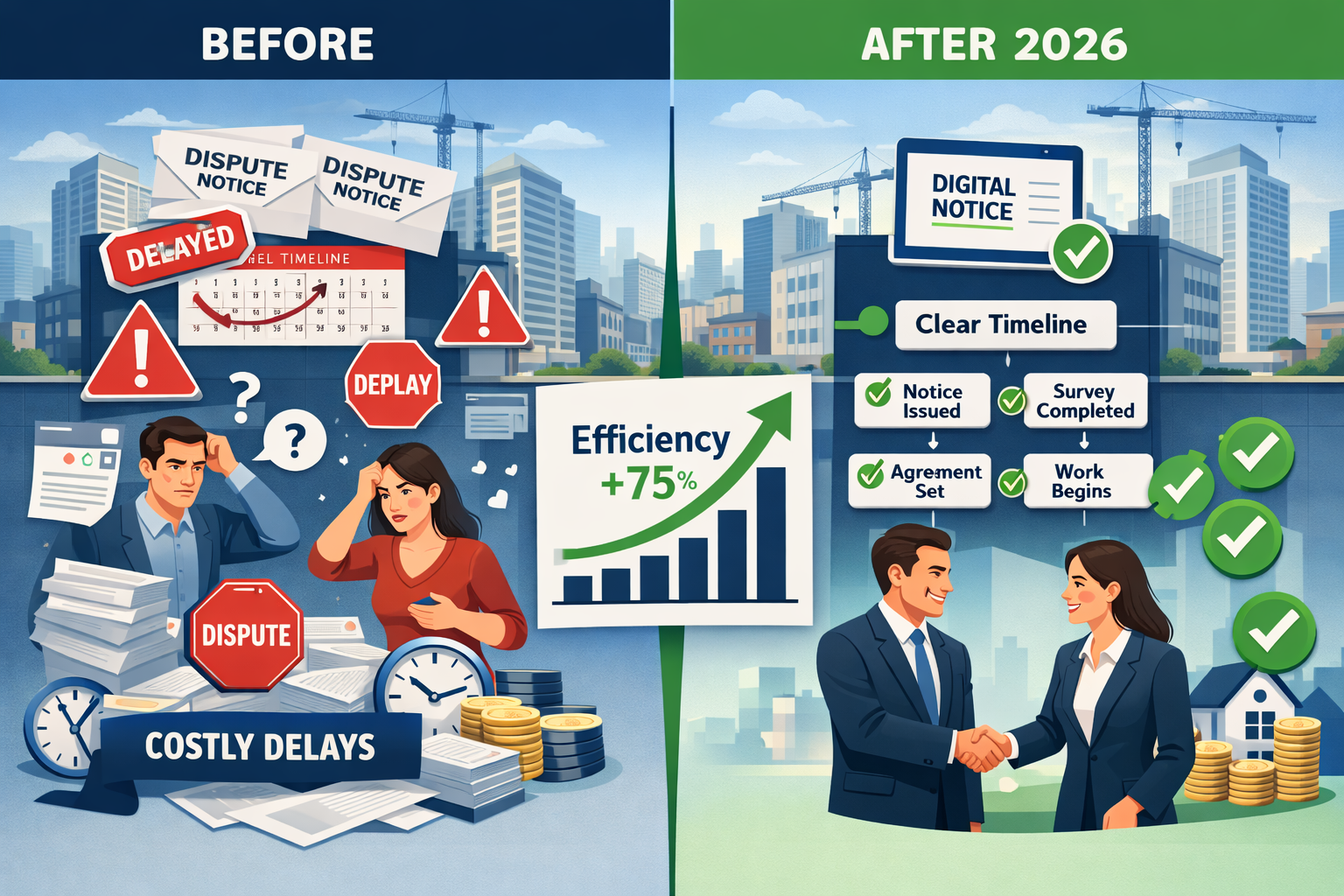 () split-screen comparison visual showing before and after streamlined party wall processes in 2026 urban development. Left