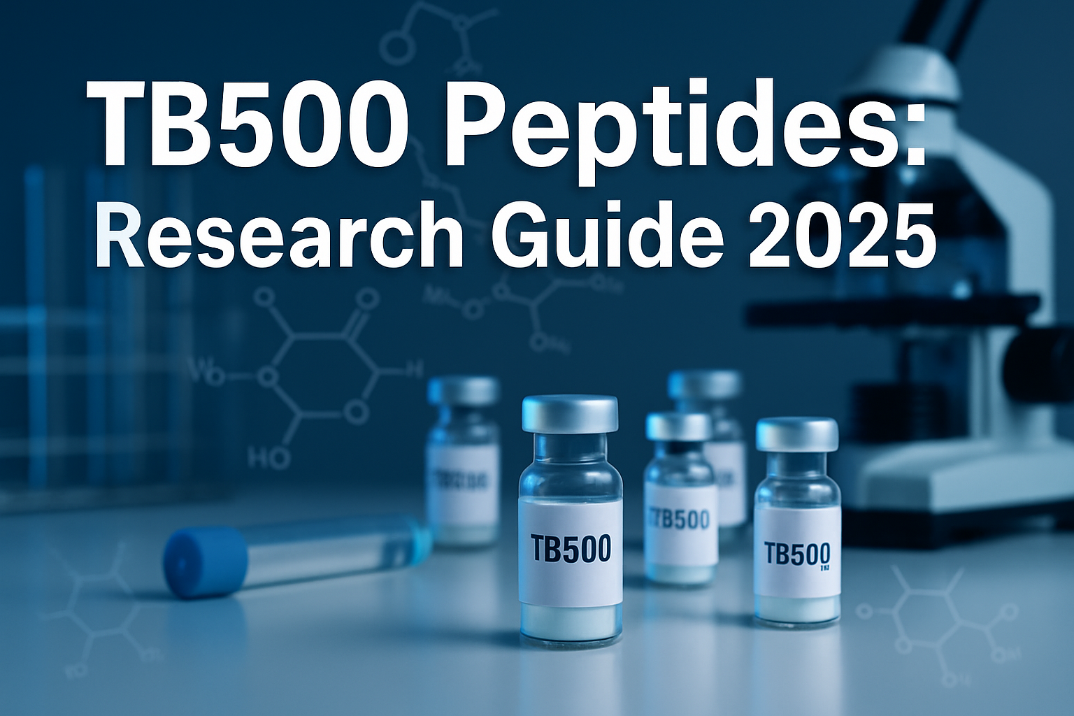 Professional landscape hero image (1536x1024) featuring bold text overlay 'TB500 Peptides: Research Guide 2025' in extra large 72pt white sa