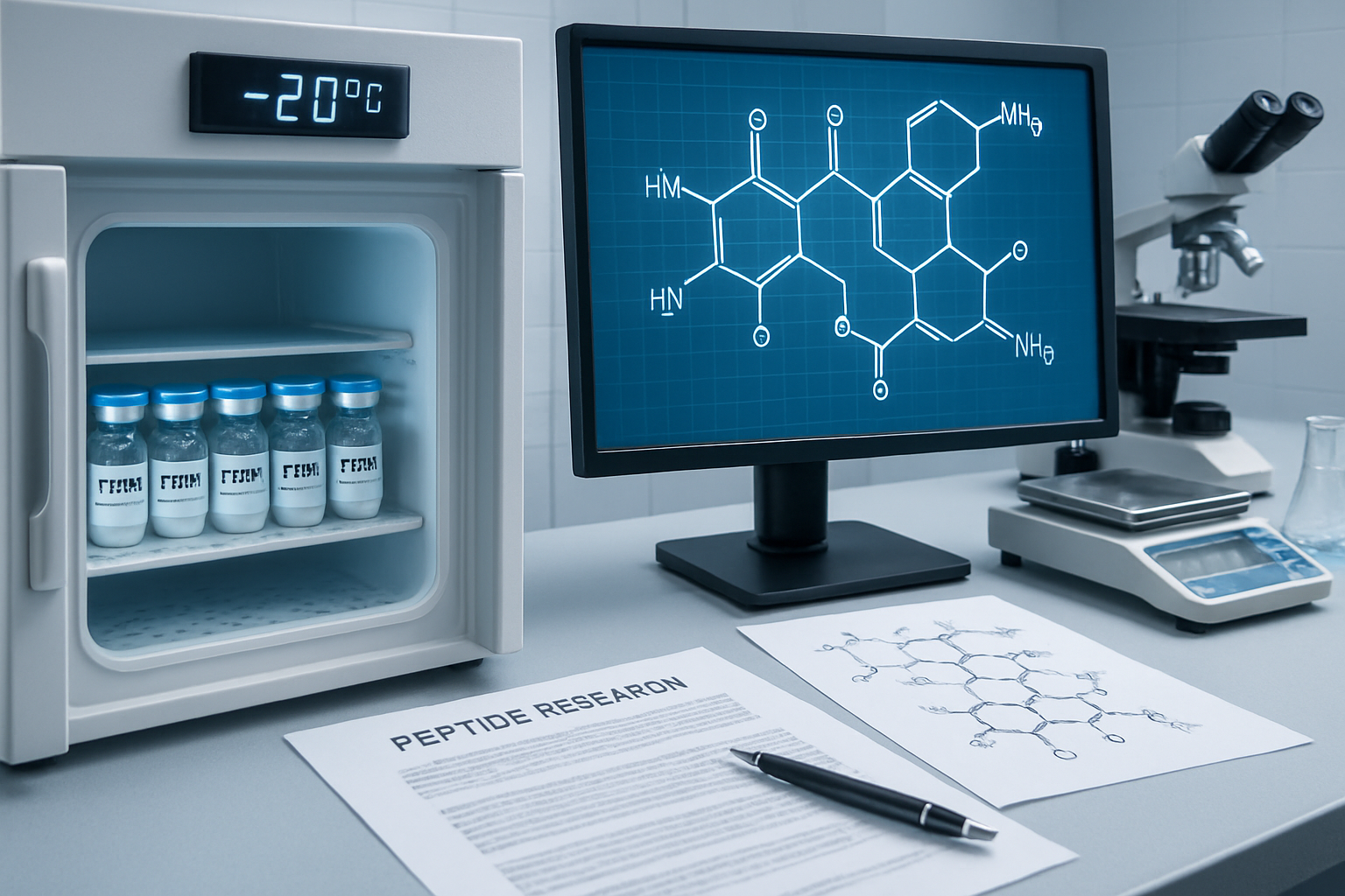 Scientific laboratory scene showing TB500 peptide vials in a temperature-controlled storage unit, with molecular structure diagrams on compu