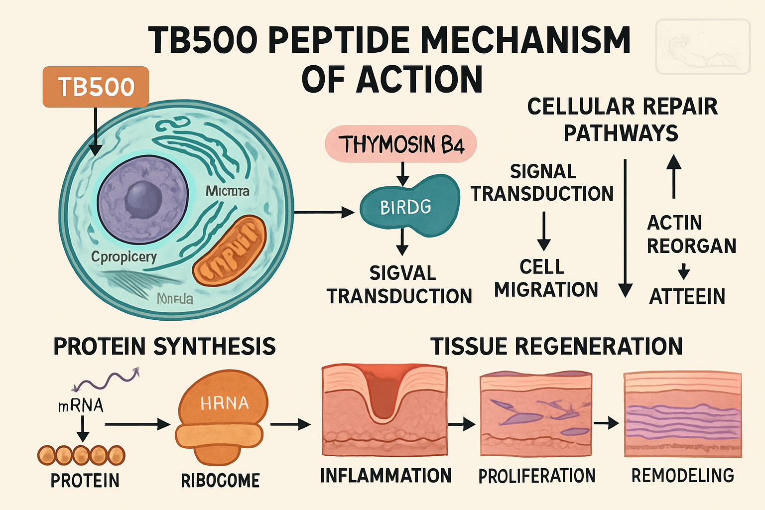 Detailed infographic-style illustration showing TB500 peptide mechanism of action with cellular repair pathways, tissue regeneration process