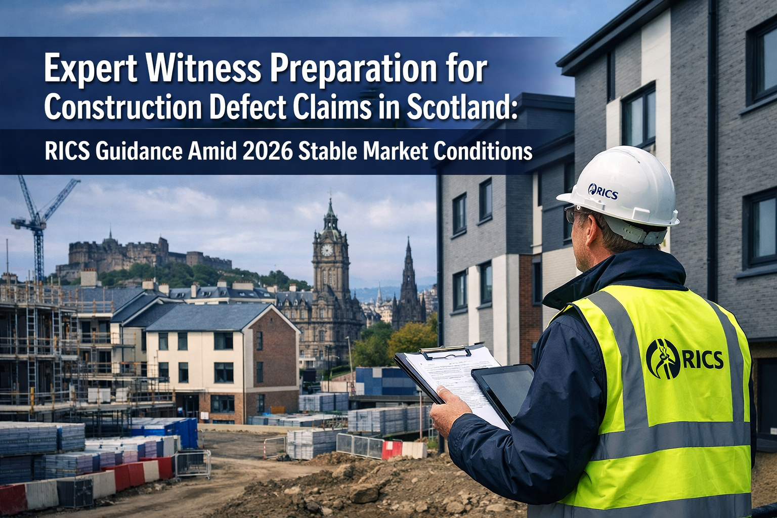 Professional () editorial hero image featuring 'Expert Witness Preparation for Construction Defect Claims in Scotland: RICS