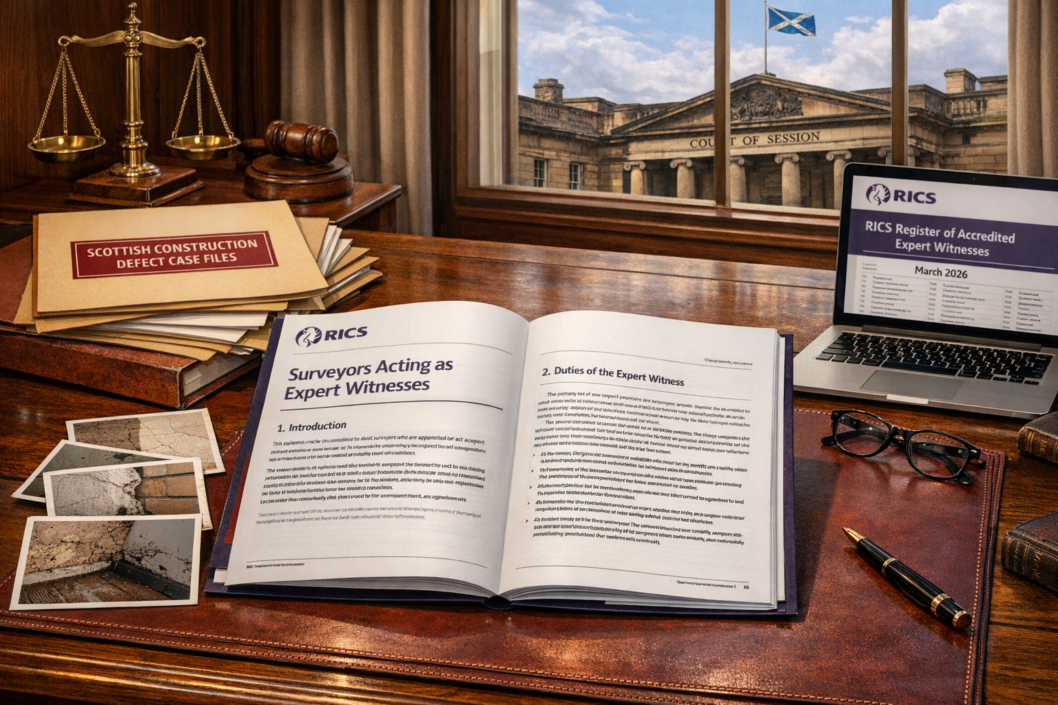 Detailed () image showing RICS professional standards documentation spread on mahogany desk with Scottish legal backdrop.
