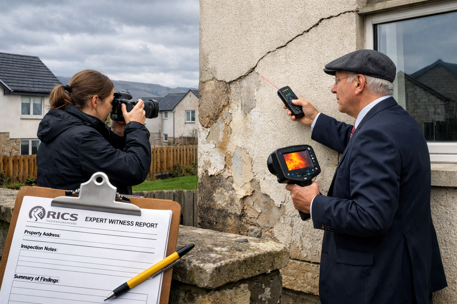Detailed () image depicting construction defect investigation scene at Scottish residential property. Expert witness