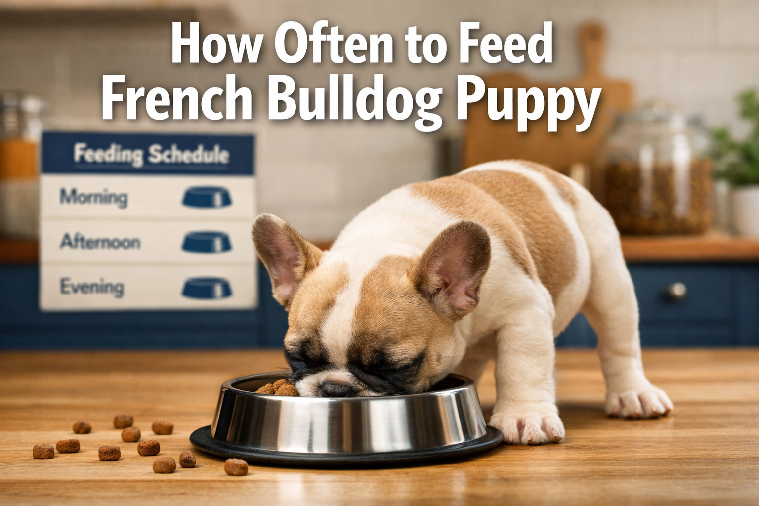 Professional landscape format (1536x1024) hero image featuring adorable French Bulldog puppy eating from a stainless steel food bowl with bo