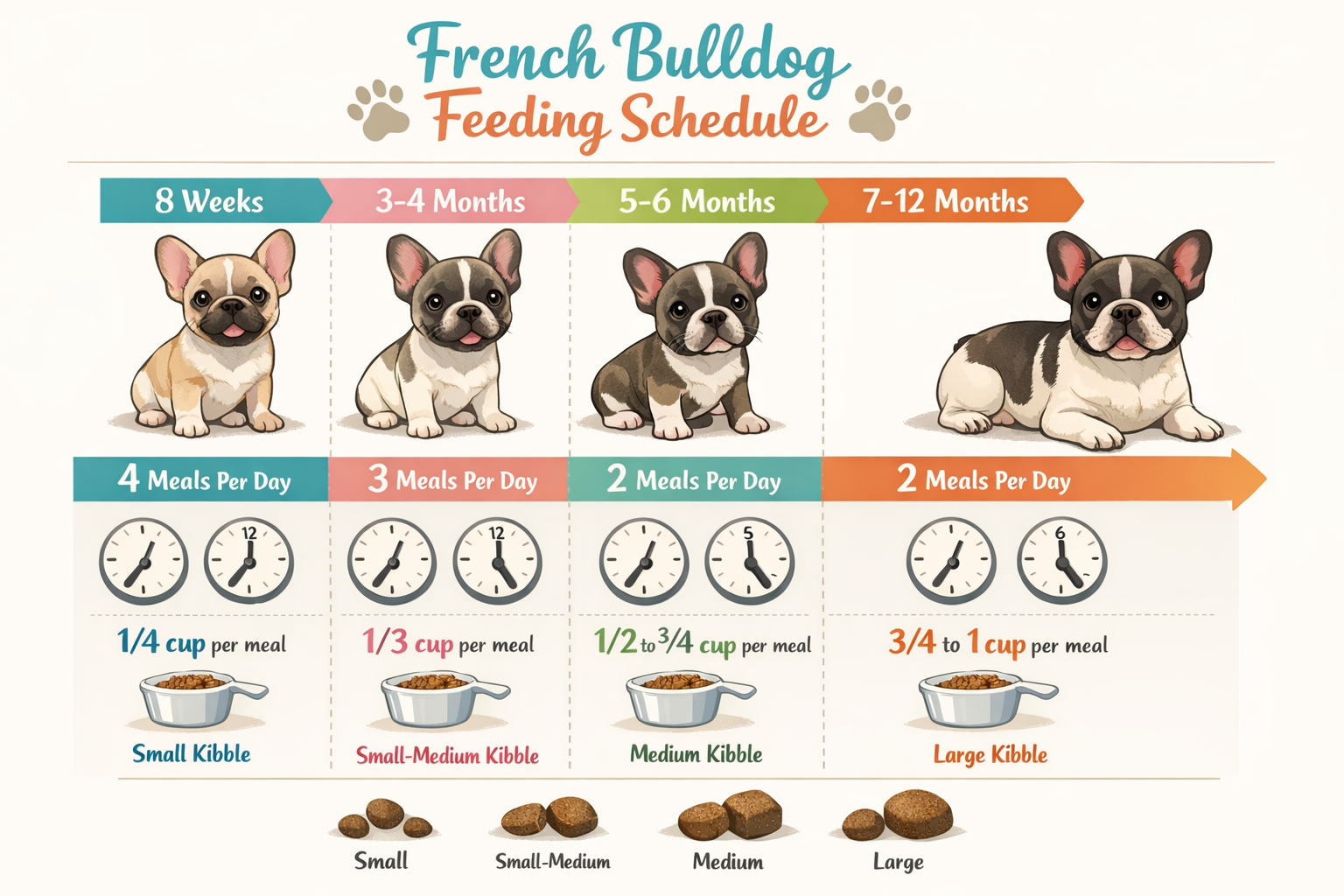 Portrait format (1024x1536) infographic showing French Bulldog puppy feeding schedule timeline from 8 weeks to 12 months, with cute Frenchie