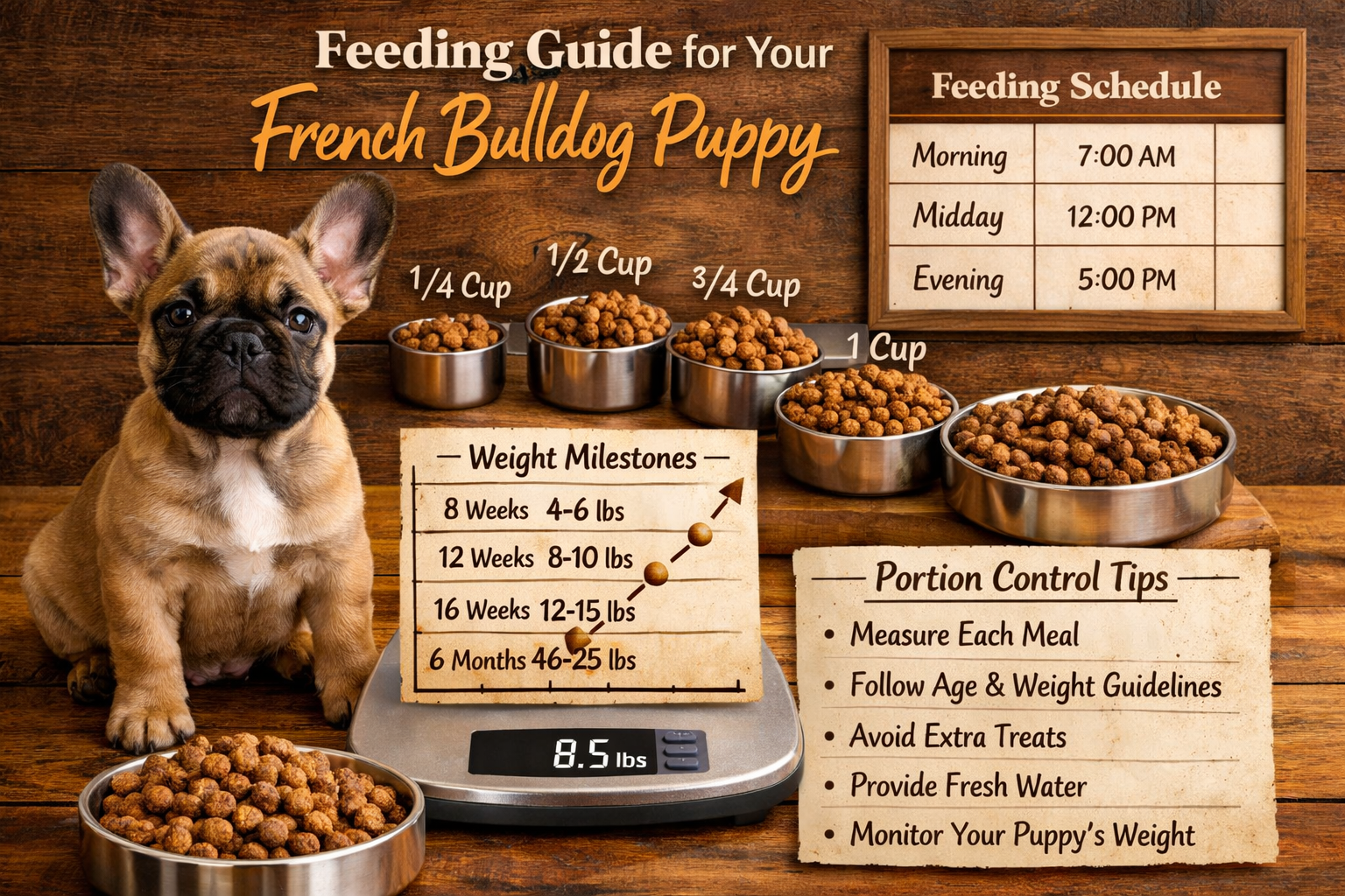 Portrait format (1024x1536) detailed feeding portion guide featuring French Bulldog puppy next to measuring cups of different sizes, weight 
