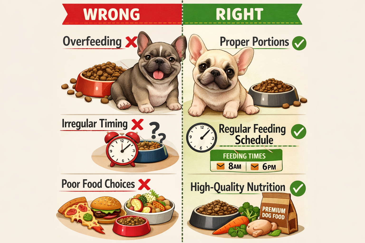 Portrait format (1024x1536) common French Bulldog puppy feeding mistakes illustration showing split-screen comparison: wrong vs right feedin