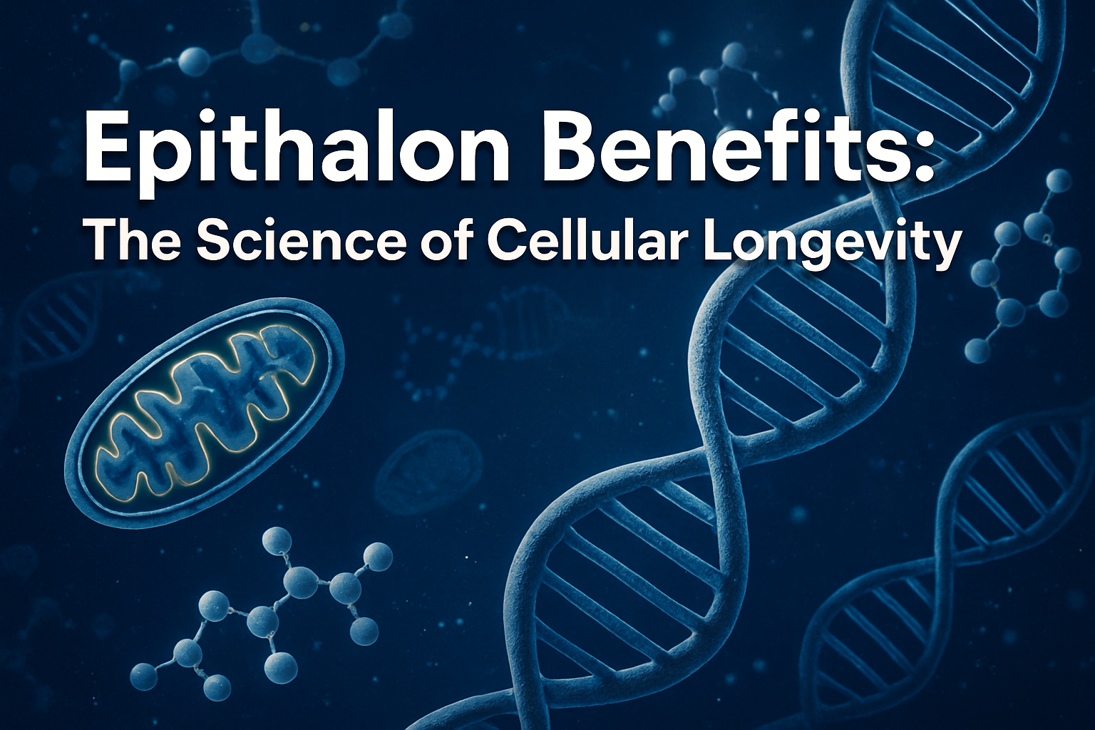 Professional landscape hero image (1536x1024) with bold text overlay 'Epithalon Benefits: The Science of Cellular Longevity' in modern sans-
