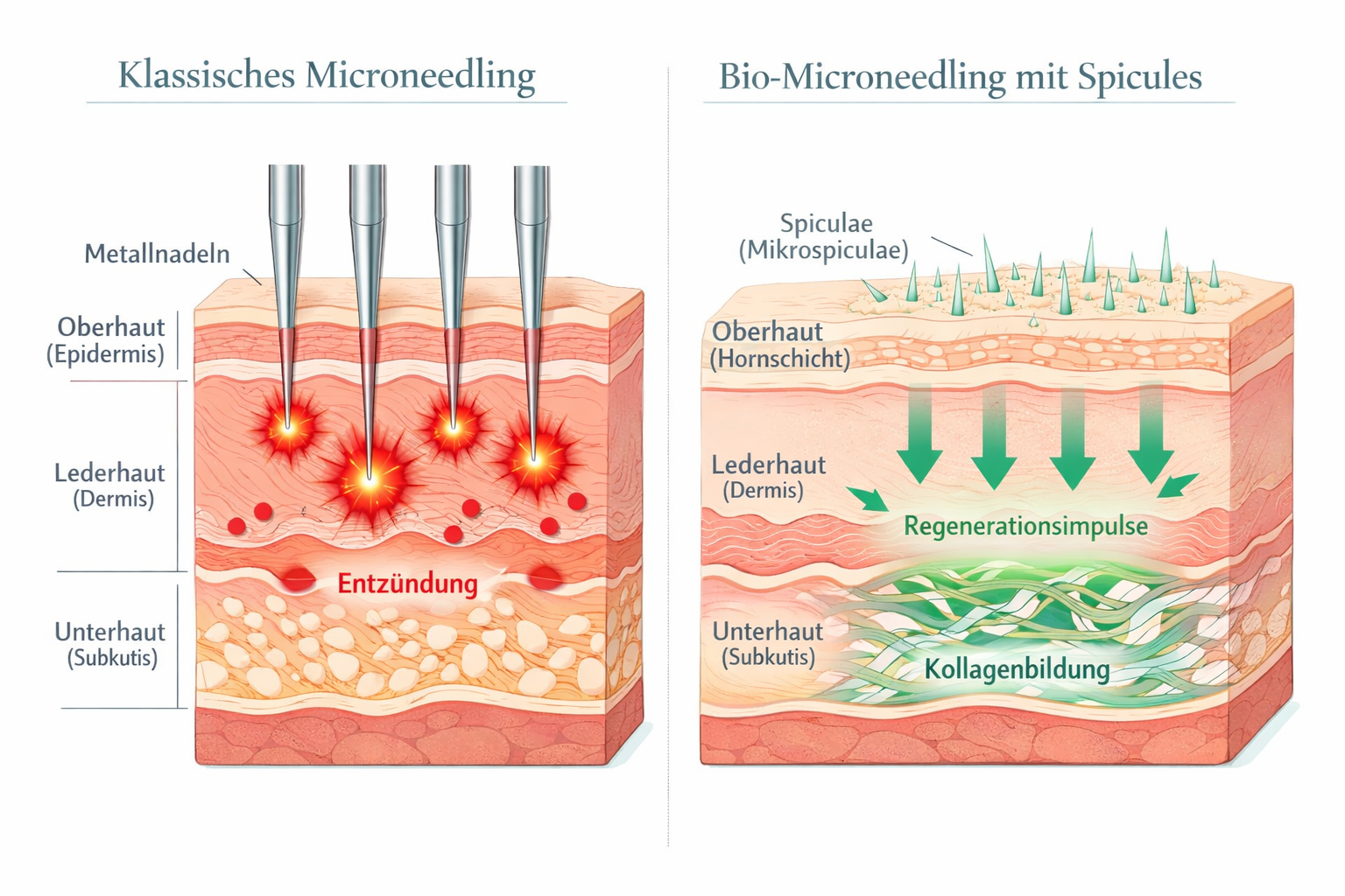 Detailed () scientific illustration style image showing a cross-section comparison of human skin layers. Left side labeled