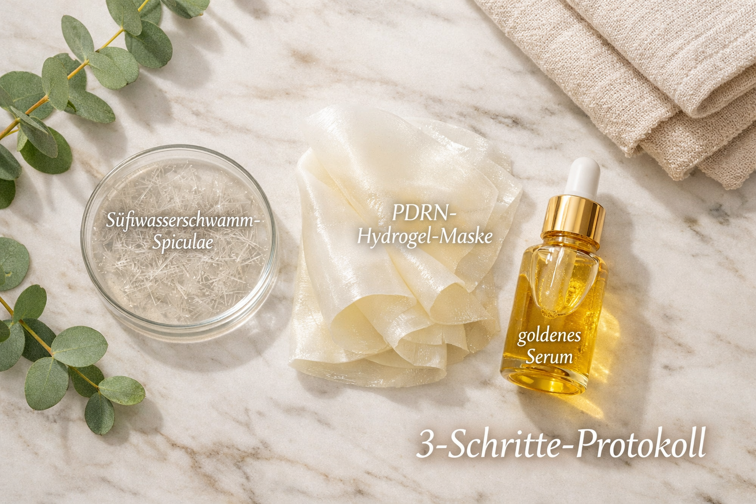 Detailed () elegant flat-lay photograph of a bio-microneedling treatment setup on a marble surface: a small glass petri dish