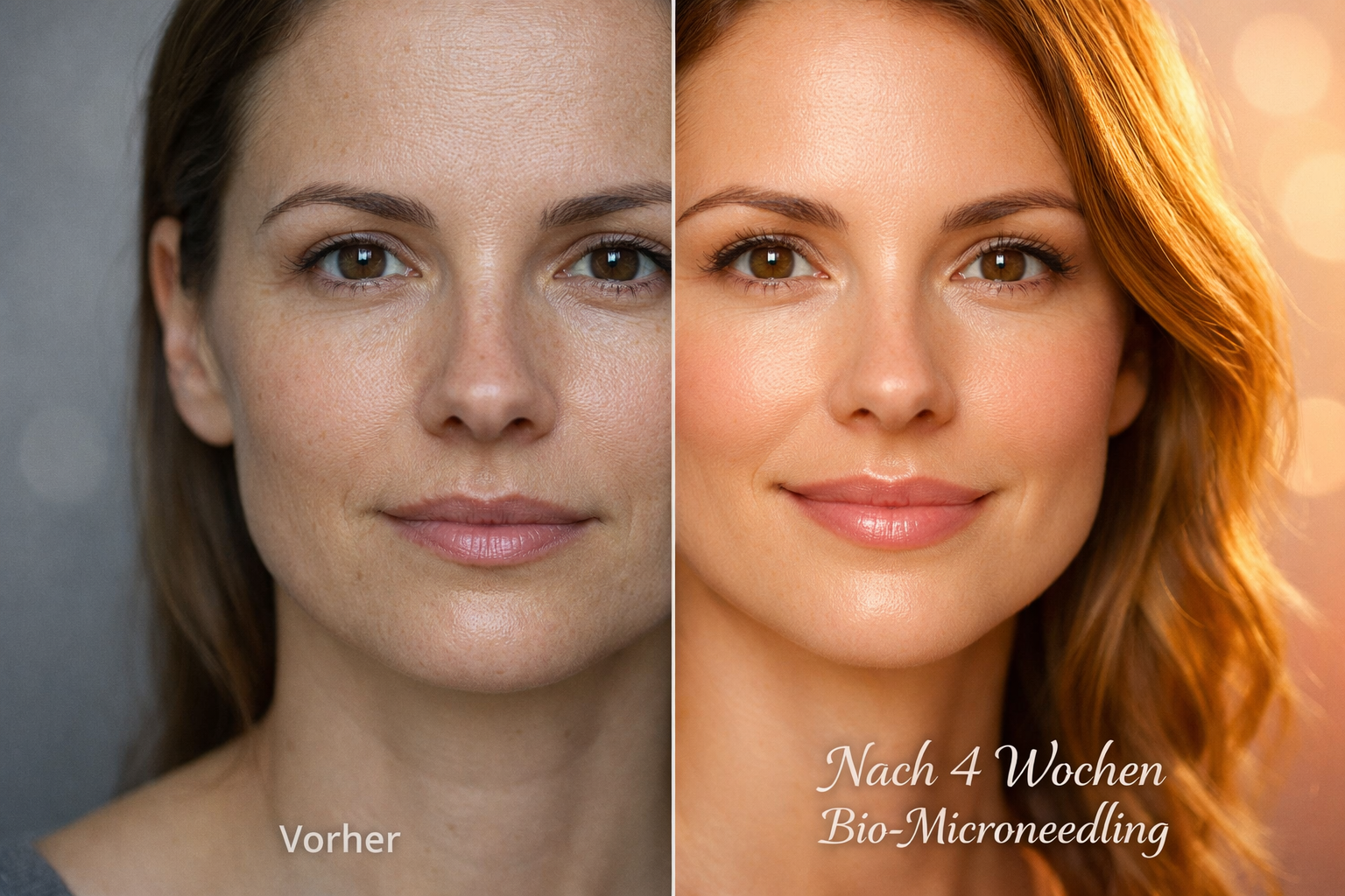 Detailed () split-screen before-and-after conceptual portrait of a woman's face (mid-30s). Left side shows dull, slightly