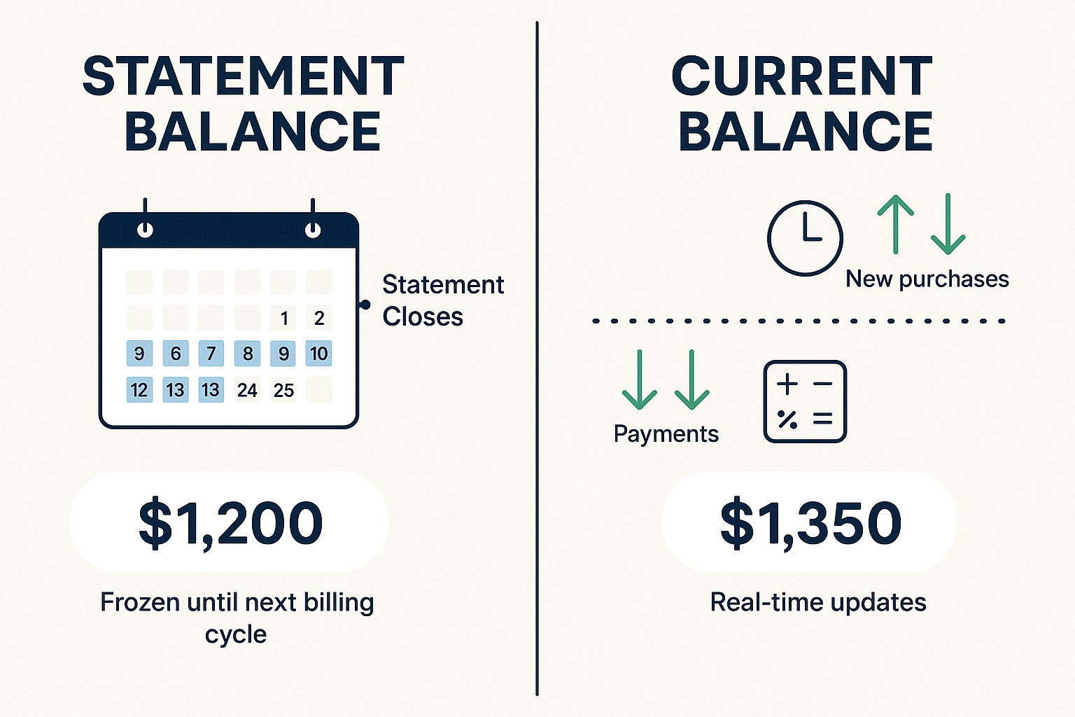 Detailed infographic illustration (1536x1024) showing side-by-side comparison of statement balance versus current balance concept. Left pane