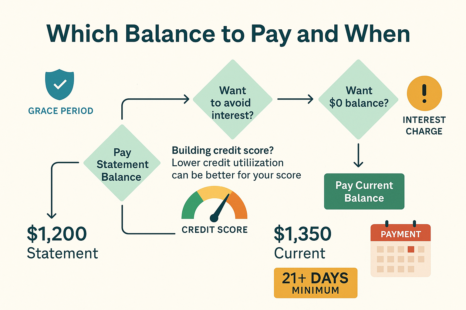 Landscape financial decision flowchart visualization (1536x1024) illustrating which balance to pay and when. Central decision tree with diam
