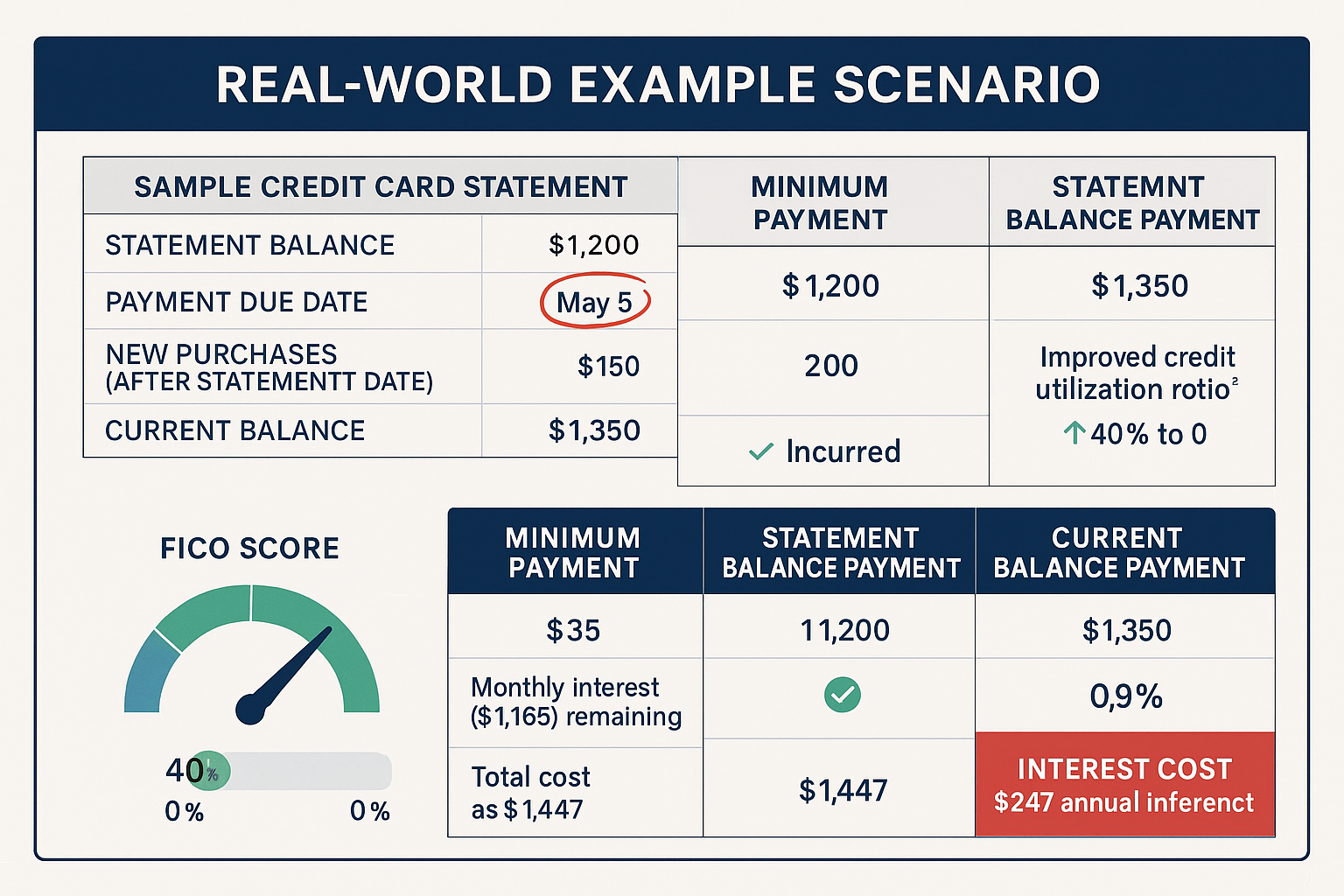Detailed comparison table infographic (1536x1024) showing real-world example scenario with actual dollar amounts and credit score impact. To