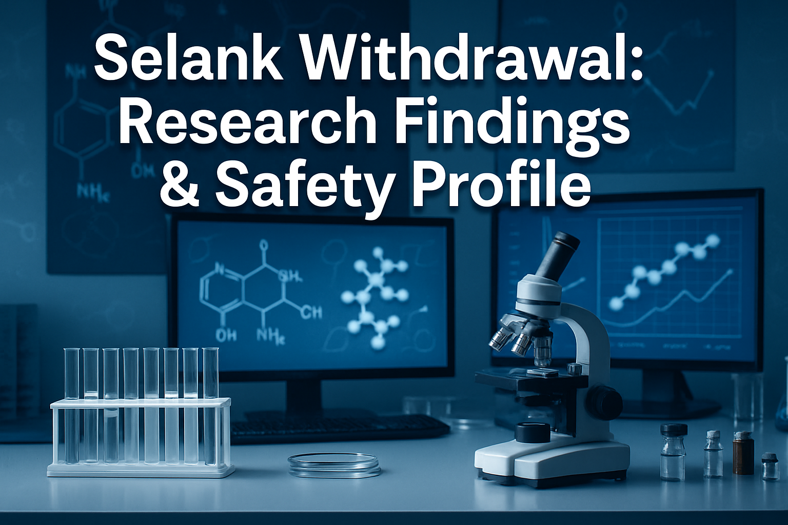 Professional landscape hero image (1536x1024) featuring bold text overlay 'Selank Withdrawal: Research Findings & Safety Profile' in extra l