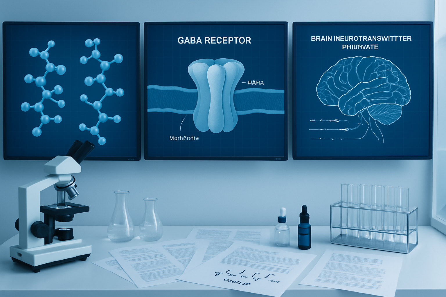Scientific laboratory scene (1536x1024) showing peptide molecular structures, GABA receptor diagrams, and brain neurotransmitter pathways on