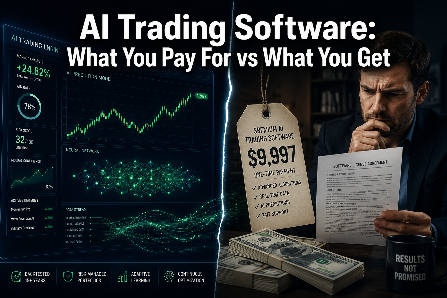 Professional () hero image with : 'AI Trading Software: What You Pay For vs What You Get' in extra large white with dark