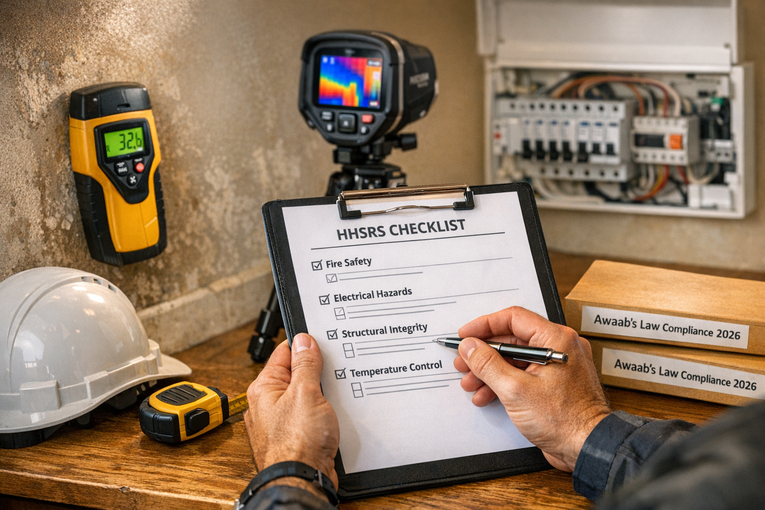 Detailed () image showing professional building surveyor conducting comprehensive hazard assessment in private rental
