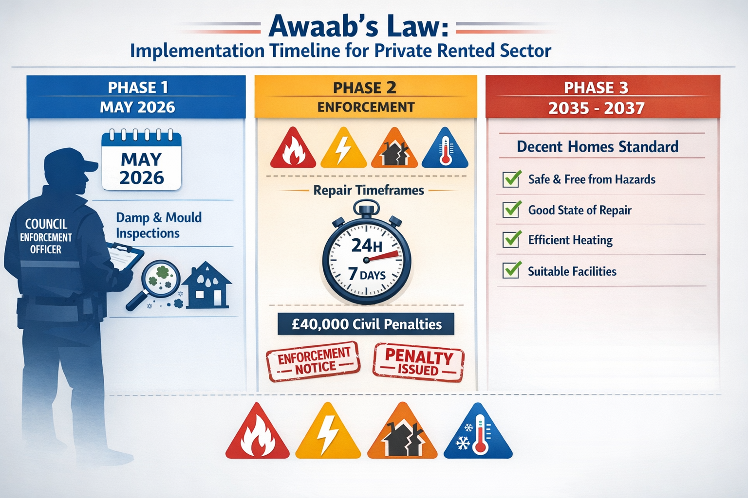Detailed () infographic-style image displaying Awaab's Law timeline and enforcement phases for private rented sector. Visual