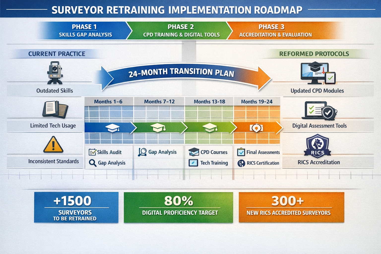 () detailed infographic showing timeline roadmap for surveyor retraining implementation, featuring 24-month phased approach