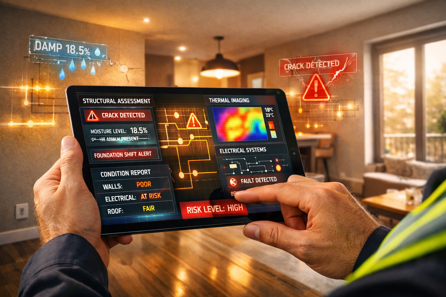 () dynamic scene inside modern property showing surveyor using advanced digital tablet with augmented reality displaying