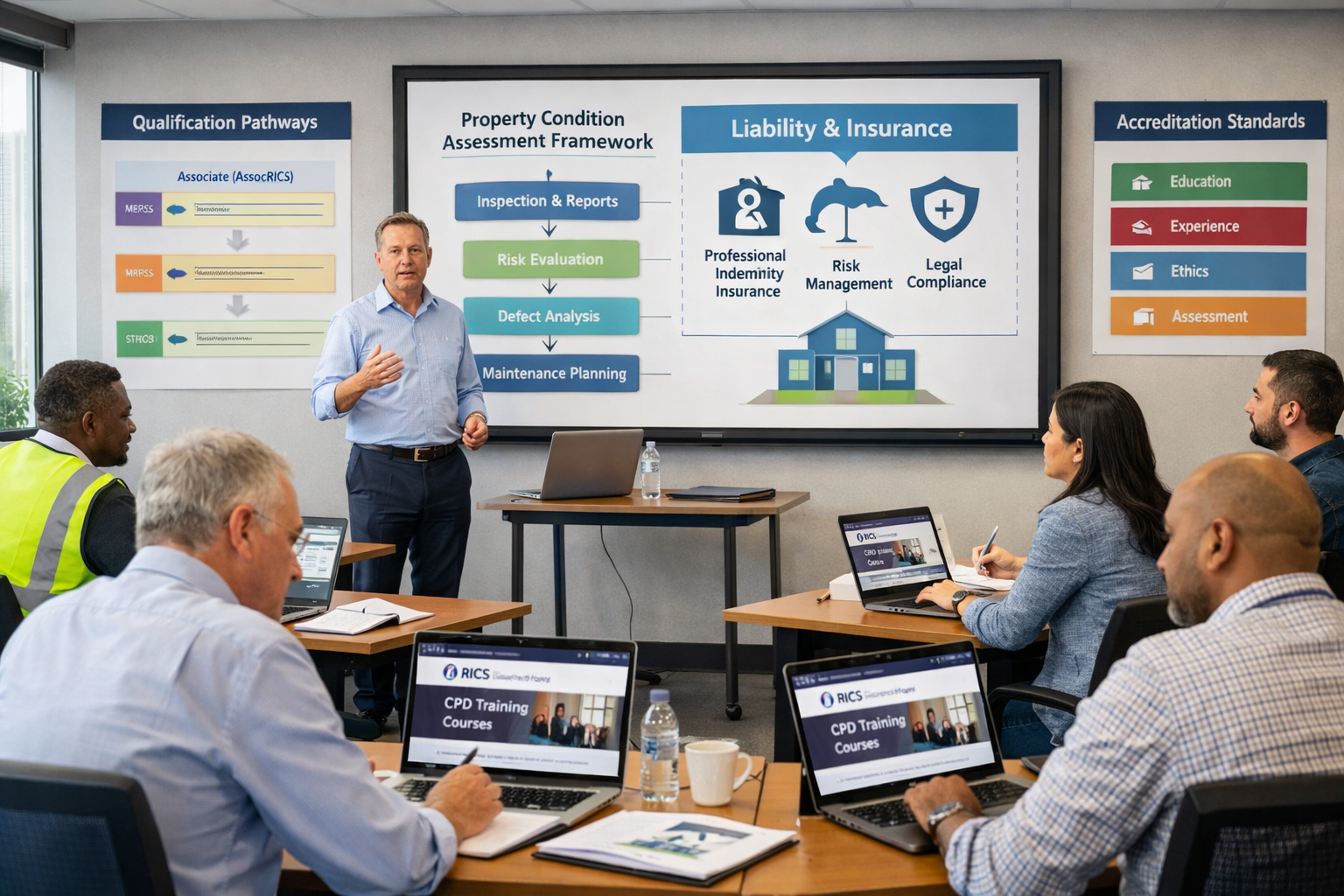 () professional training seminar environment showing diverse group of surveyors participating in interactive CPD workshop,