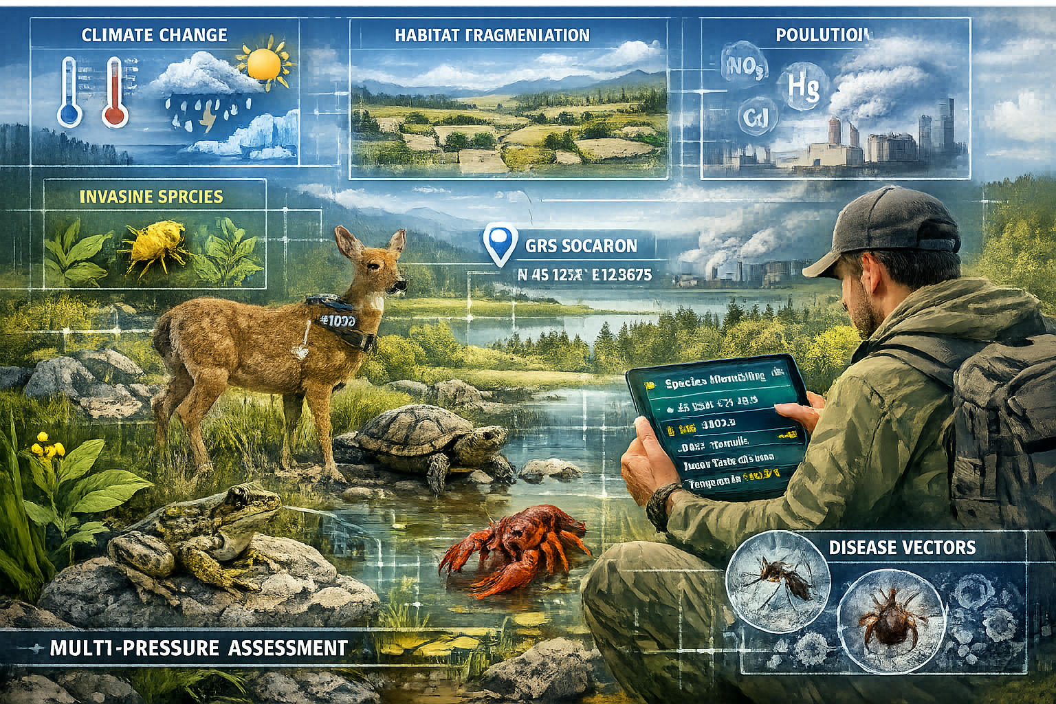 Detailed () illustration showing integrated multi-pressure assessment methodology with surveyor in field using tablet