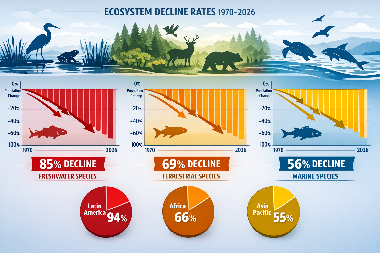 Comprehensive () data visualization showing freshwater, terrestrial, and marine ecosystem decline rates with detailed bar