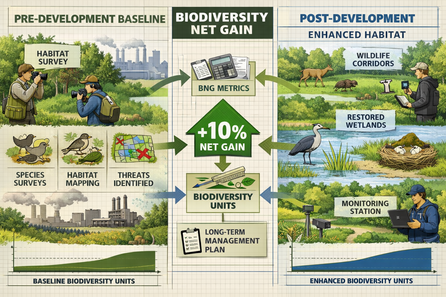 Detailed () conceptual illustration of Biodiversity Net Gain implementation framework showing before-and-after development