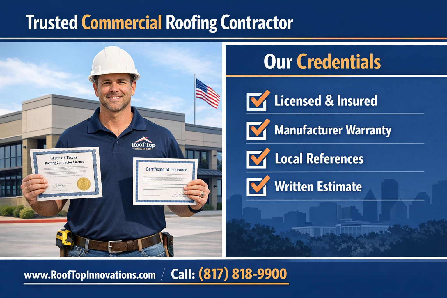 Detailed () image showing a split-panel infographic comparing commercial roofing contractor credentials: left panel shows a