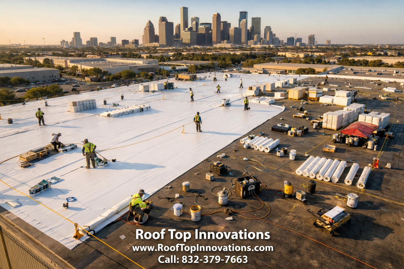 Detailed () overhead drone shot of a large commercial warehouse roof replacement in progress in Houston Texas, showing