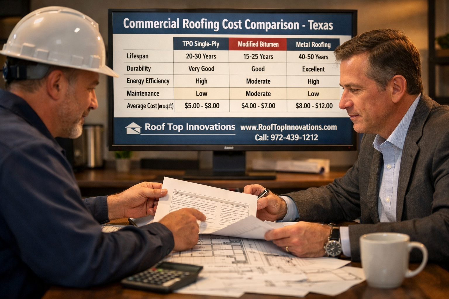 Detailed () image showing a professional commercial roofing cost comparison table displayed on a large monitor in a modern