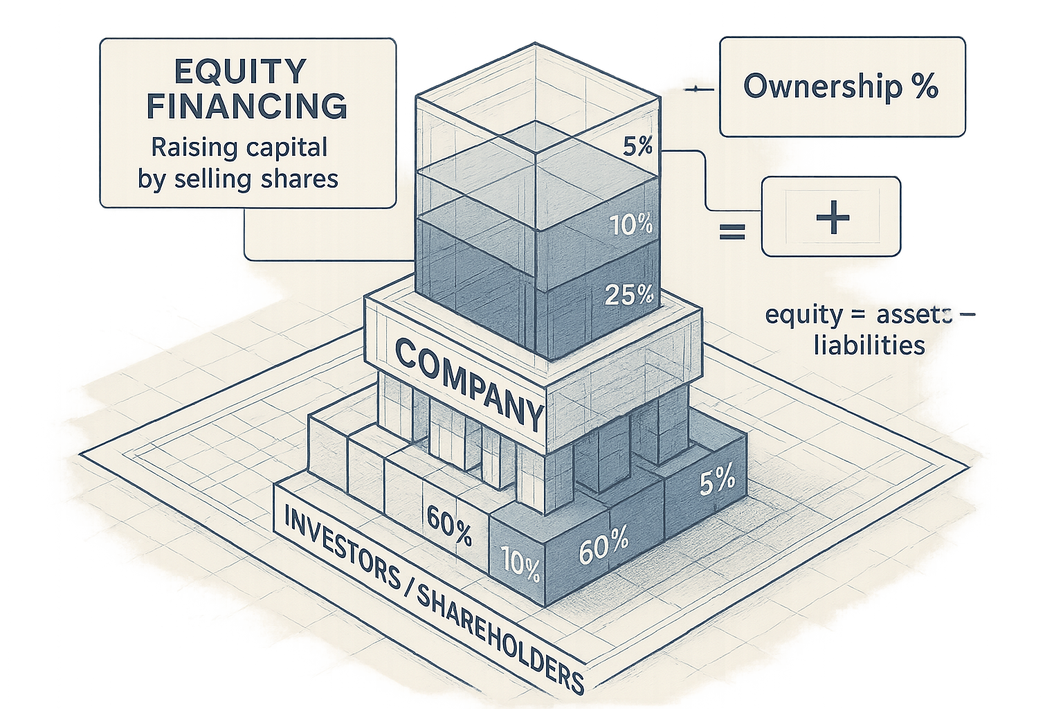 Definition section illustration: Conceptual landscape depicting equity financing as a multi-layered architectural blueprint, showing investo