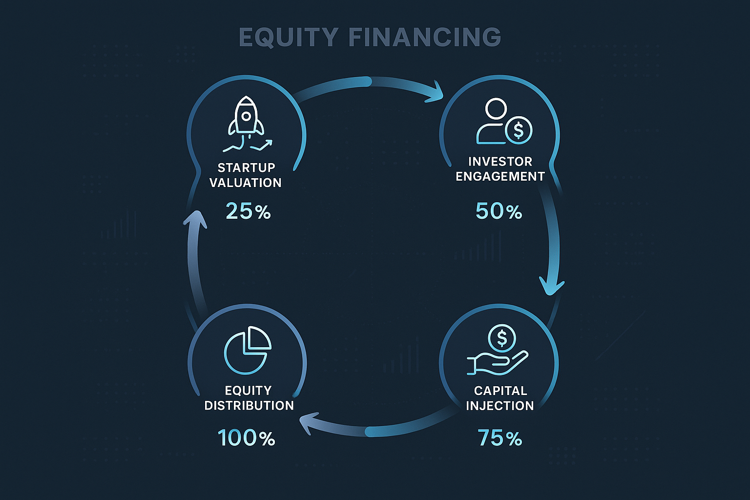 Step-by-Step Process section comprehensive workflow diagram: Circular progression infographic demonstrating equity financing journey, featur