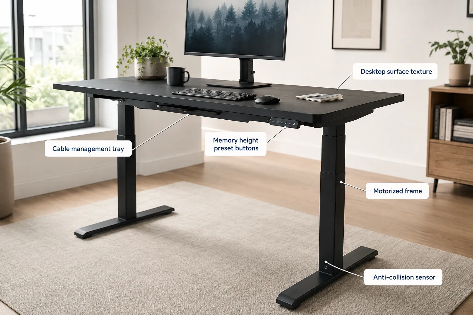 Black Modern Standing Desk Annotated documentary-style landscape photograph (1536x1024) of a modern black sit-stand desk mid-transition from sitting to standing height, shot from a 45-degree angle in a bright Scandinavian-style office. Callout labels with thin lines pointing to: motorized frame, cable management tray, memory height preset buttons, anti-collision sensor, desktop surface texture. Natural daylight from large window, crisp shadows, editorial quality. Labels 1-5 words each, inside 5% safe margin, navy text on white callout tabs. Texture, Design, and Cohesive Aesthetics for Your Home Workspace