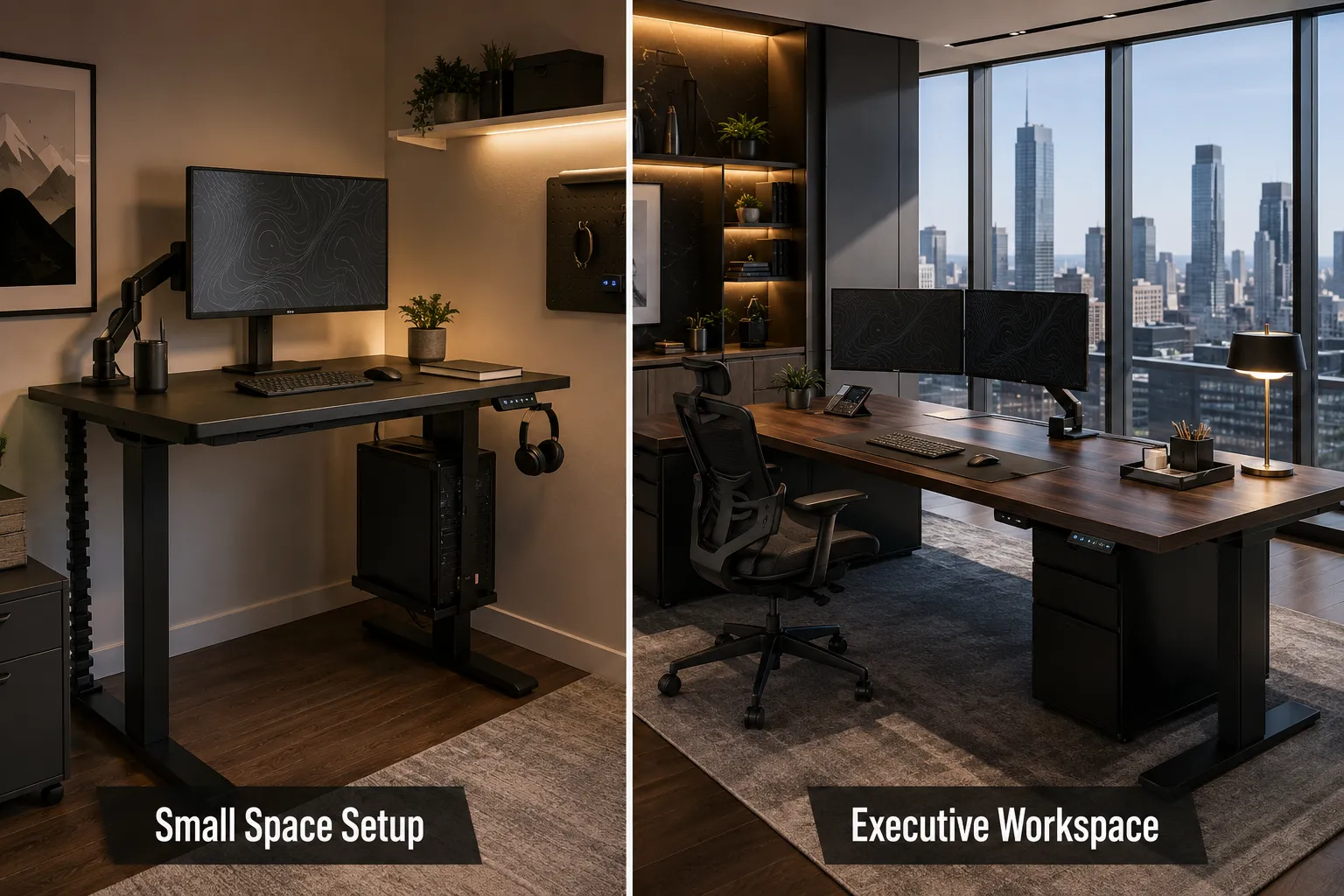 Black Modern Standing Desk Split-screen editorial landscape (1536x1024): left half shows a compact black modern standing desk in a small apartment home office setup, monitor arm saving desk space, under-desk CPU holder, tidy cable management, warm ambient lighting. Right half shows a large executive black walnut-top L-shaped standing desk in a corporate private office, dual monitors, ergonomic accessories, city skyline visible through floor-to-ceiling windows. Bold dividing line center, short label on each side: 'Small Space Setup' left, 'Executive Workspace' right. High-contrast magazine composition. Black Modern Standing Desk for Small Spaces