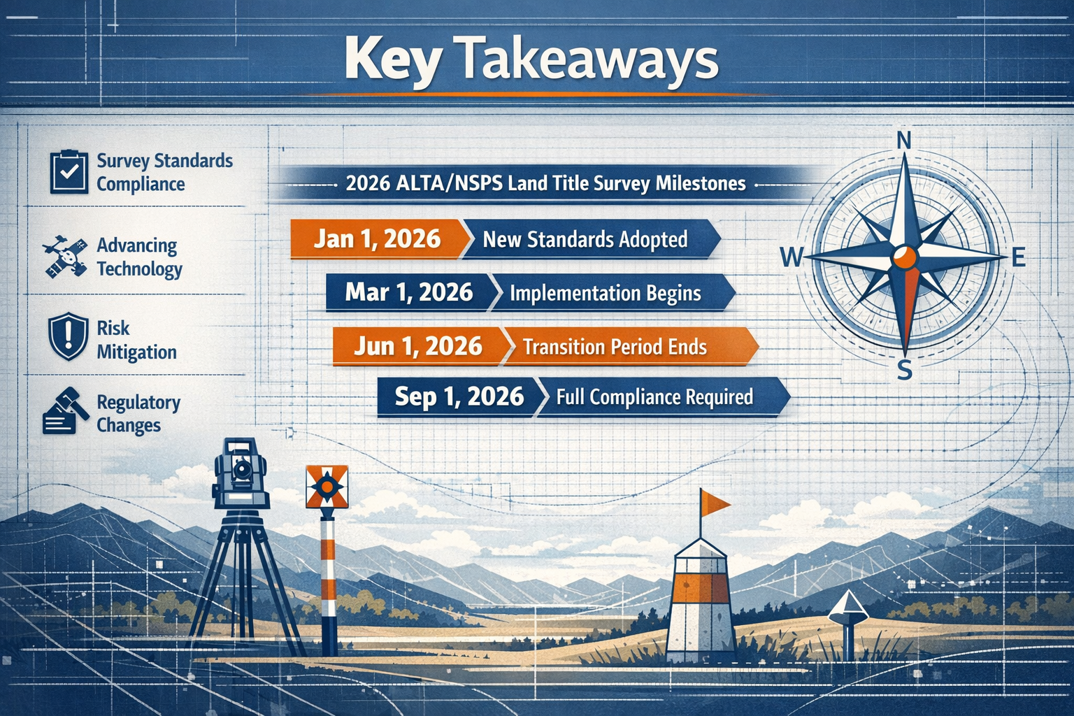 Infographic-style visual for 'Key Takeaways' section, featuring a stylized landscape with geometric land survey markers, compass rose, and d