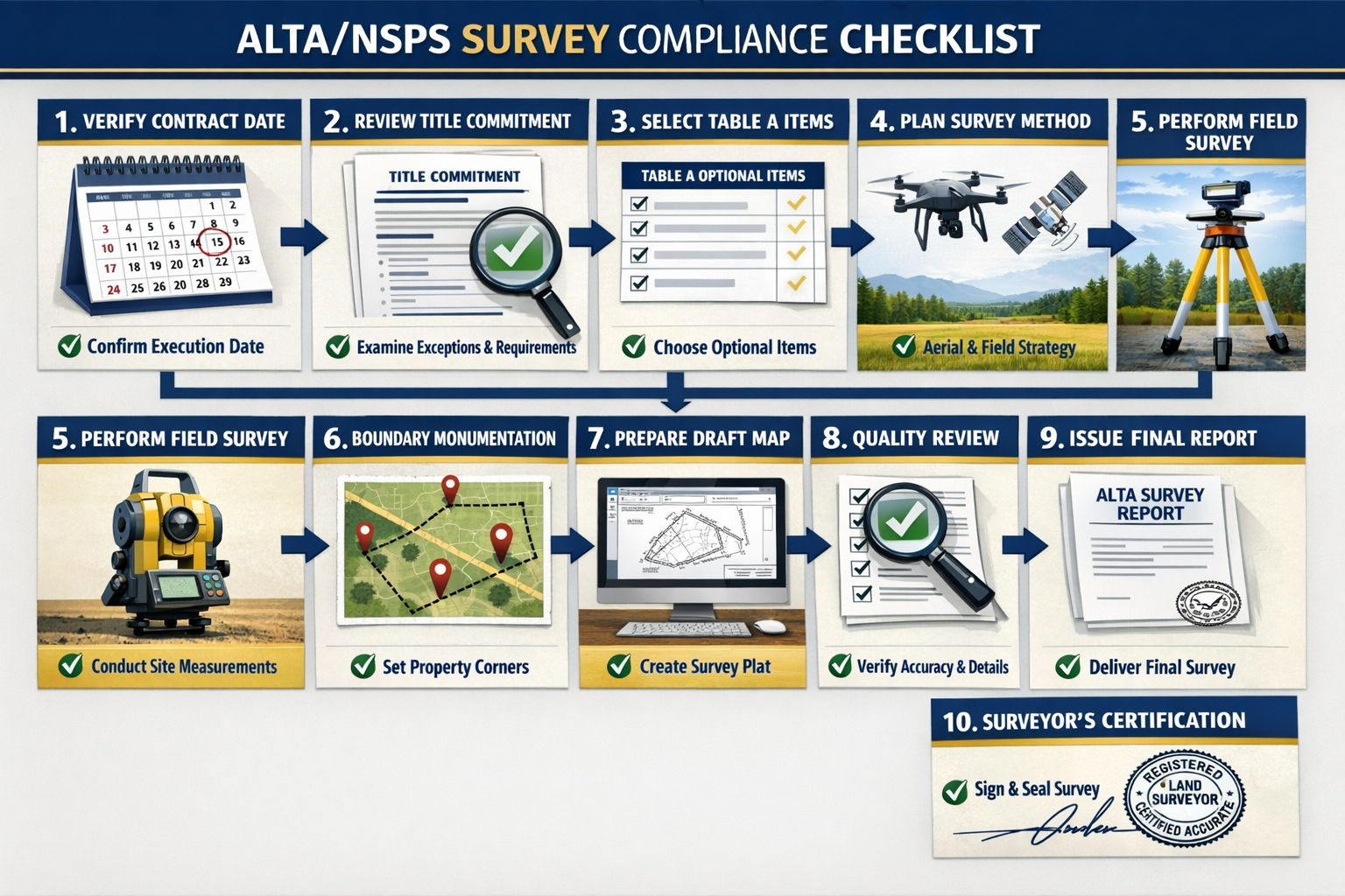 Comprehensive landscape format (1536x1024) compliance checklist infographic designed as professional workflow diagram with numbered steps fr