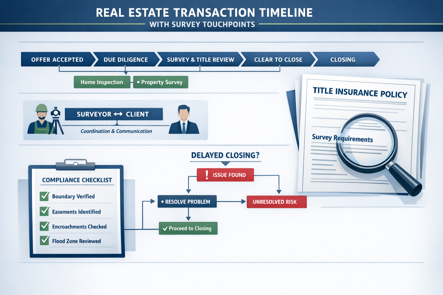 Detailed landscape format (1536x1024) risk mitigation strategy visualization showing real estate transaction timeline with critical survey t