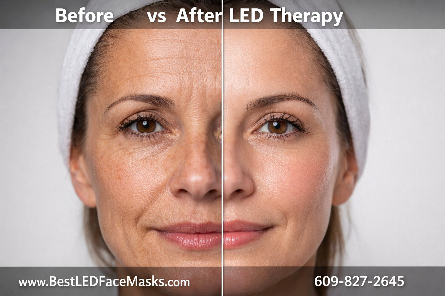 () split-screen before-and-after close-up portrait of a woman's face, left side showing fine lines and dull skin texture,