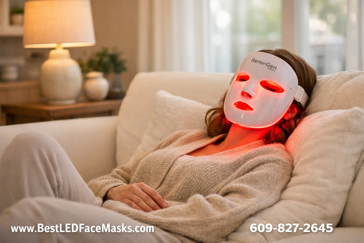 () woman relaxing at home on a white couch wearing the Renu-Gen professional LED face mask, warm ambient home lighting,