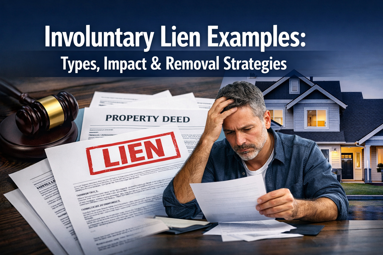 Professional landscape hero image (1536x1024) featuring bold text overlay 'Involuntary Lien Examples: Types, Impact & Removal Strategies' in