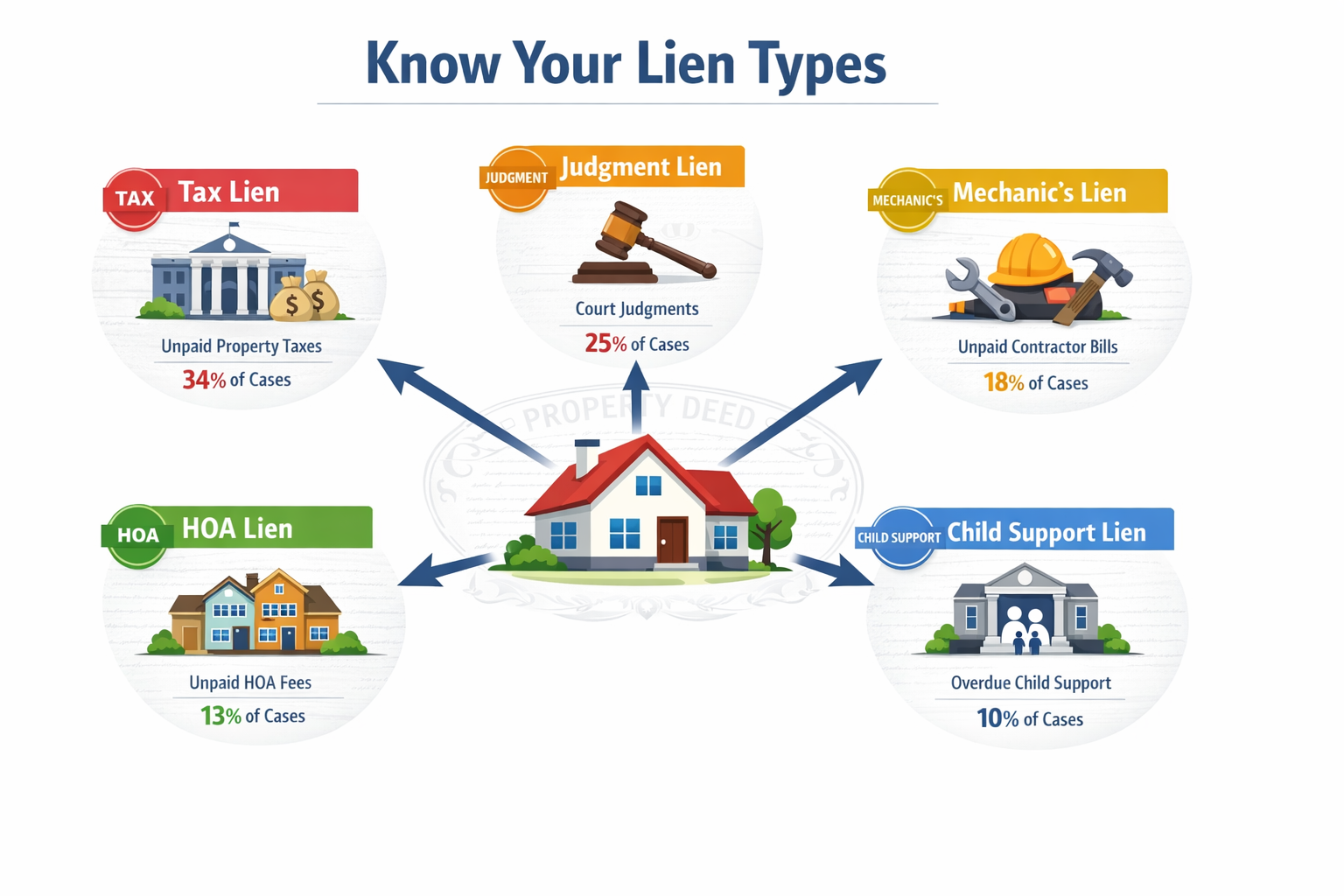 Detailed landscape infographic (1536x1024) showing five types of involuntary liens arranged in circular flow diagram. Center displays house