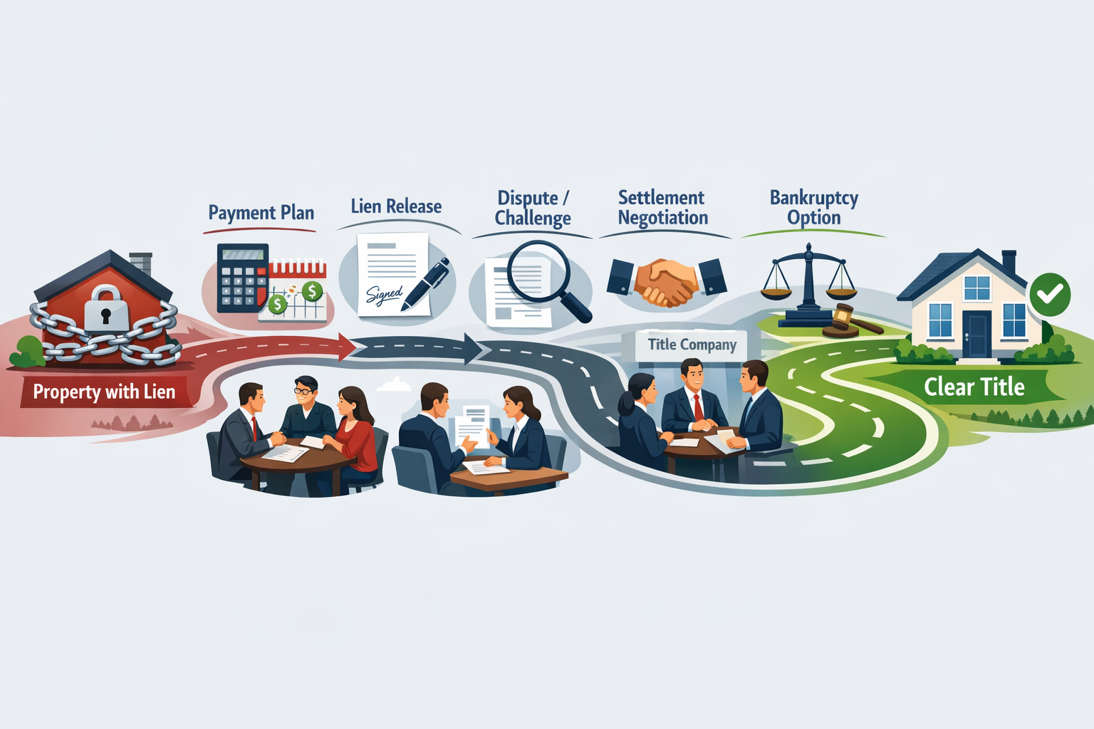 Comprehensive landscape illustration (1536x1024) depicting lien removal strategies as step-by-step pathway. Visual shows winding road from '